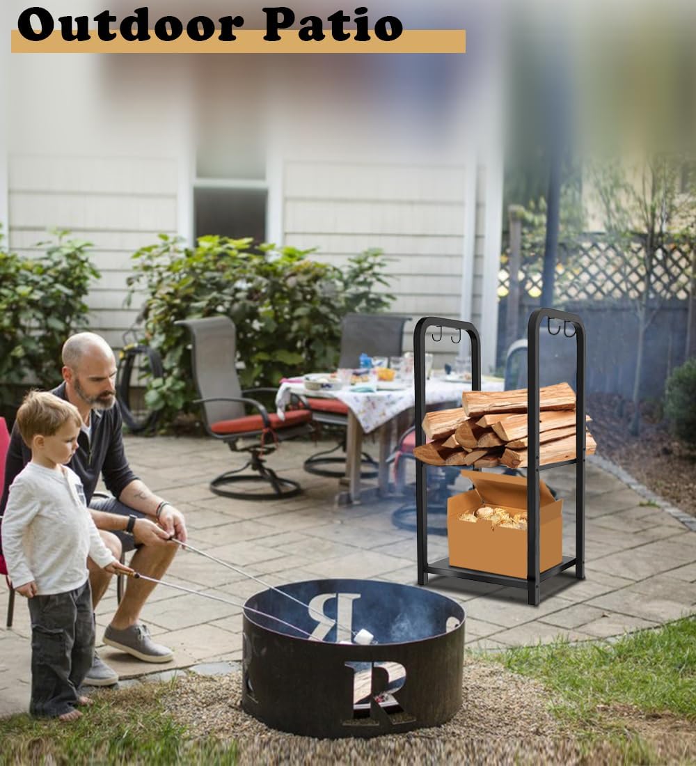 2-Tier Fireplace Firewood Rack Holder for Indoor Outdoor, Small Fire Wood Holder Log Storage Stacker Stand for Patio, Black(Without Wheels)