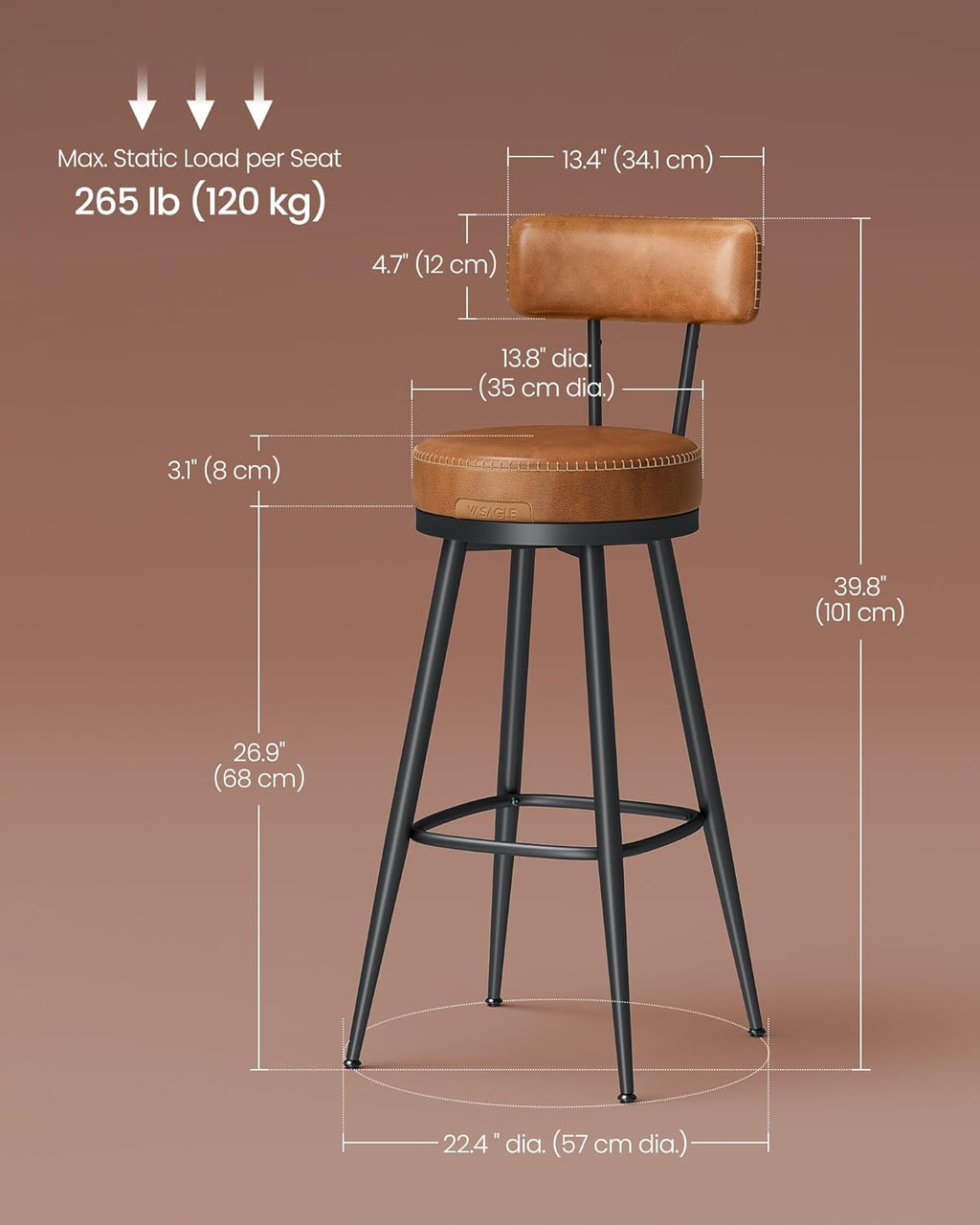 VASAGLE Bar Stools Set of 2, Swivel Bar Height with Back, 30-Inch