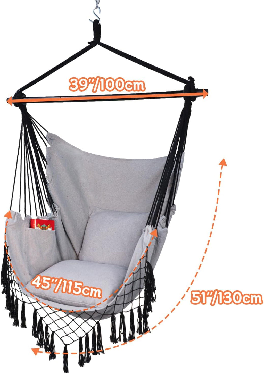 hammock chair hanging rope swing chair,max 450 lbs, side view