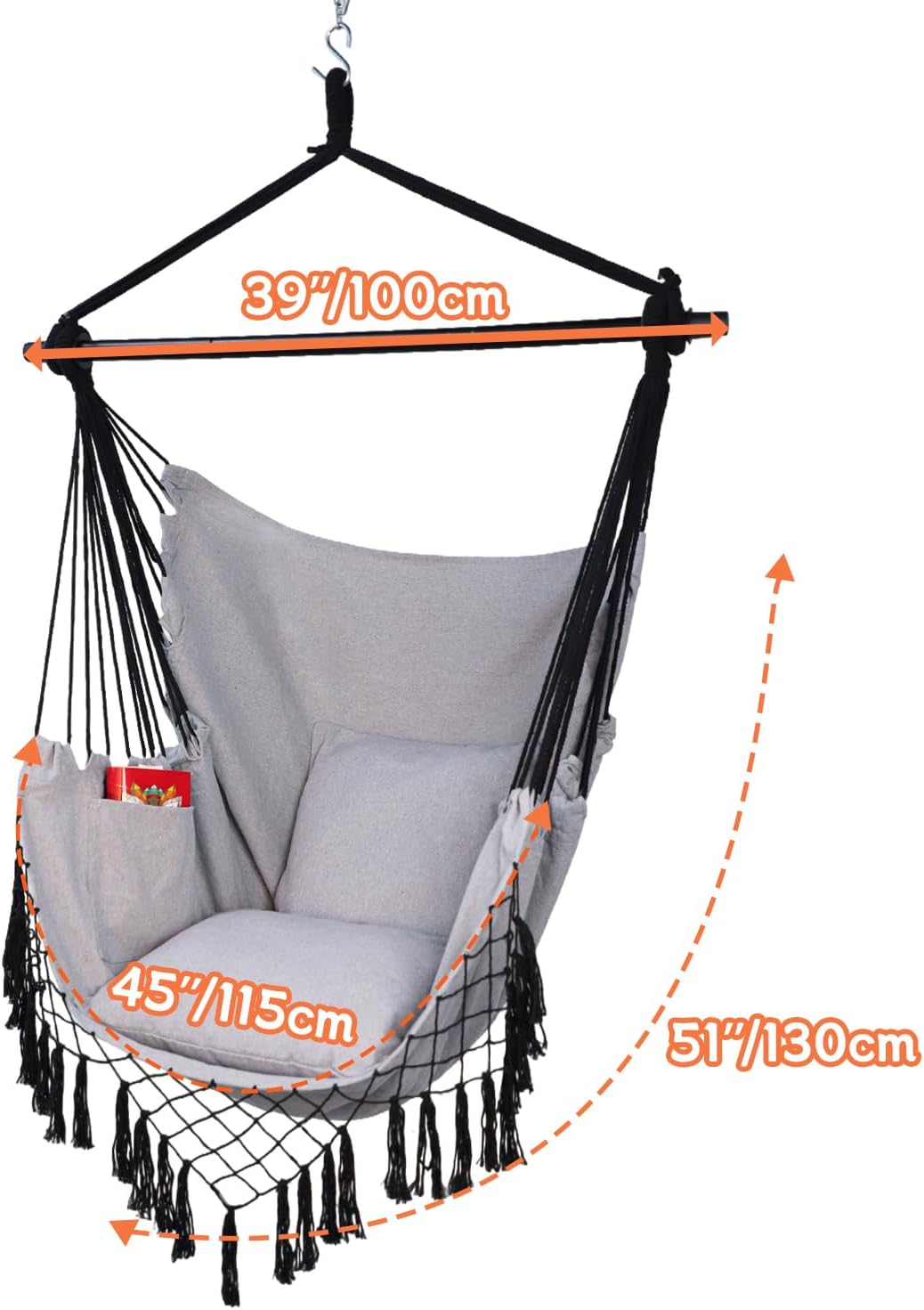 hammock chair hanging rope swing chair,max 450 lbs, side view