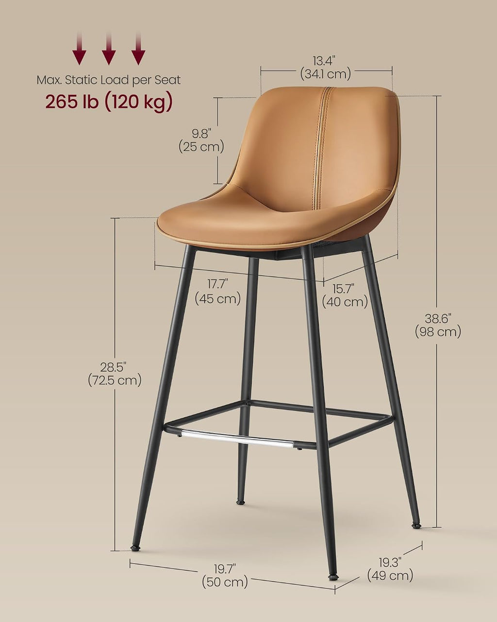 VASAGLE Bar Stools Set of 2, Bar Height, with Back, 28.5-Inch