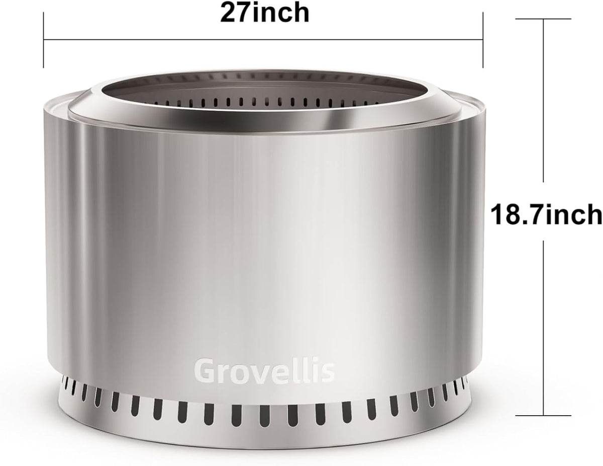 27 inch smokeless fire pit with waterproof cover on a desk or shelf