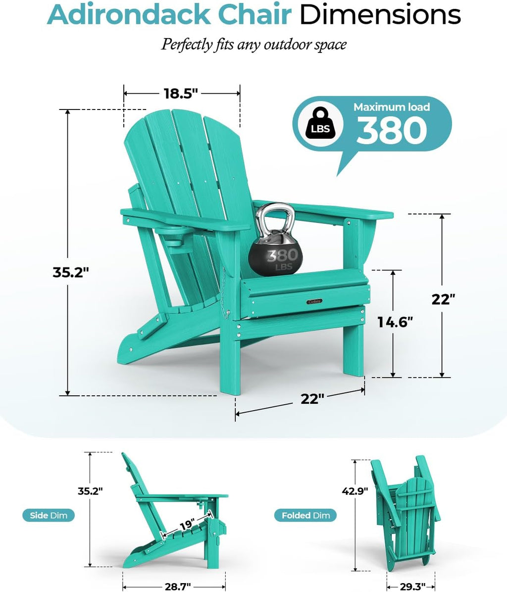 Ciokea Folding Adirondack Chairs Set of 4 HDPE All-Weather, Lake Blue