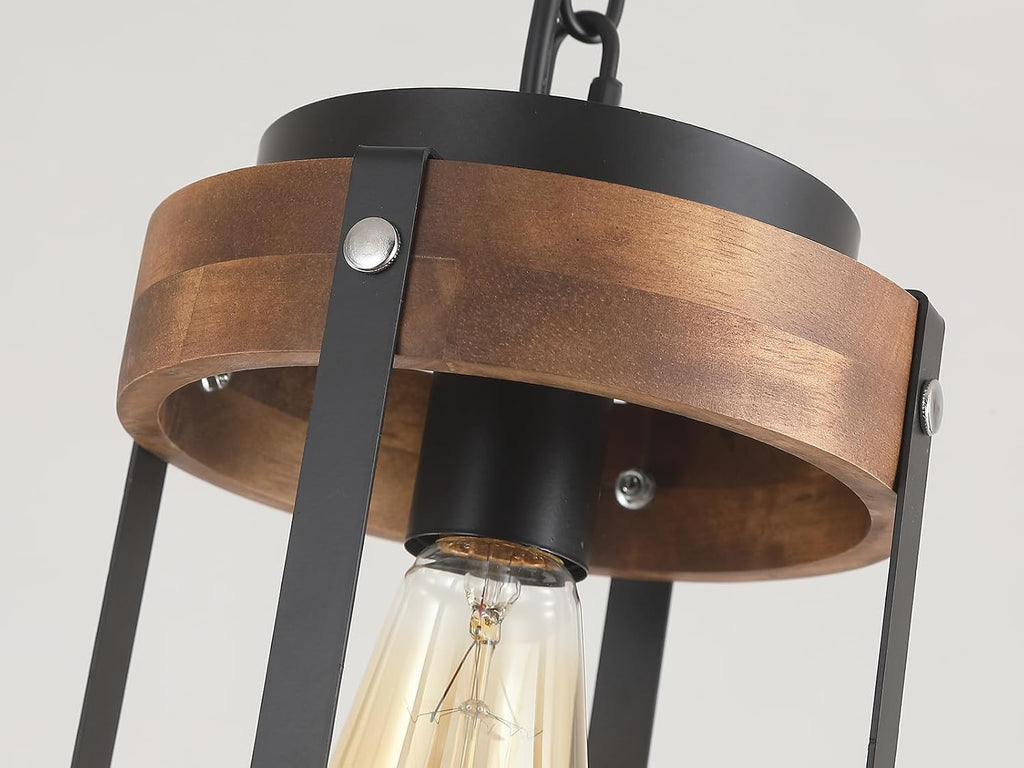 2 Pack Rustic Farmhouse Wood Pendant Light Fixture One-Light Adjustable Chain Oak Wood and Metal Drum Cage Small Pendant Lighting for Kitchen Island Sink Hallway Farmhouse Bathroom Bar, Black