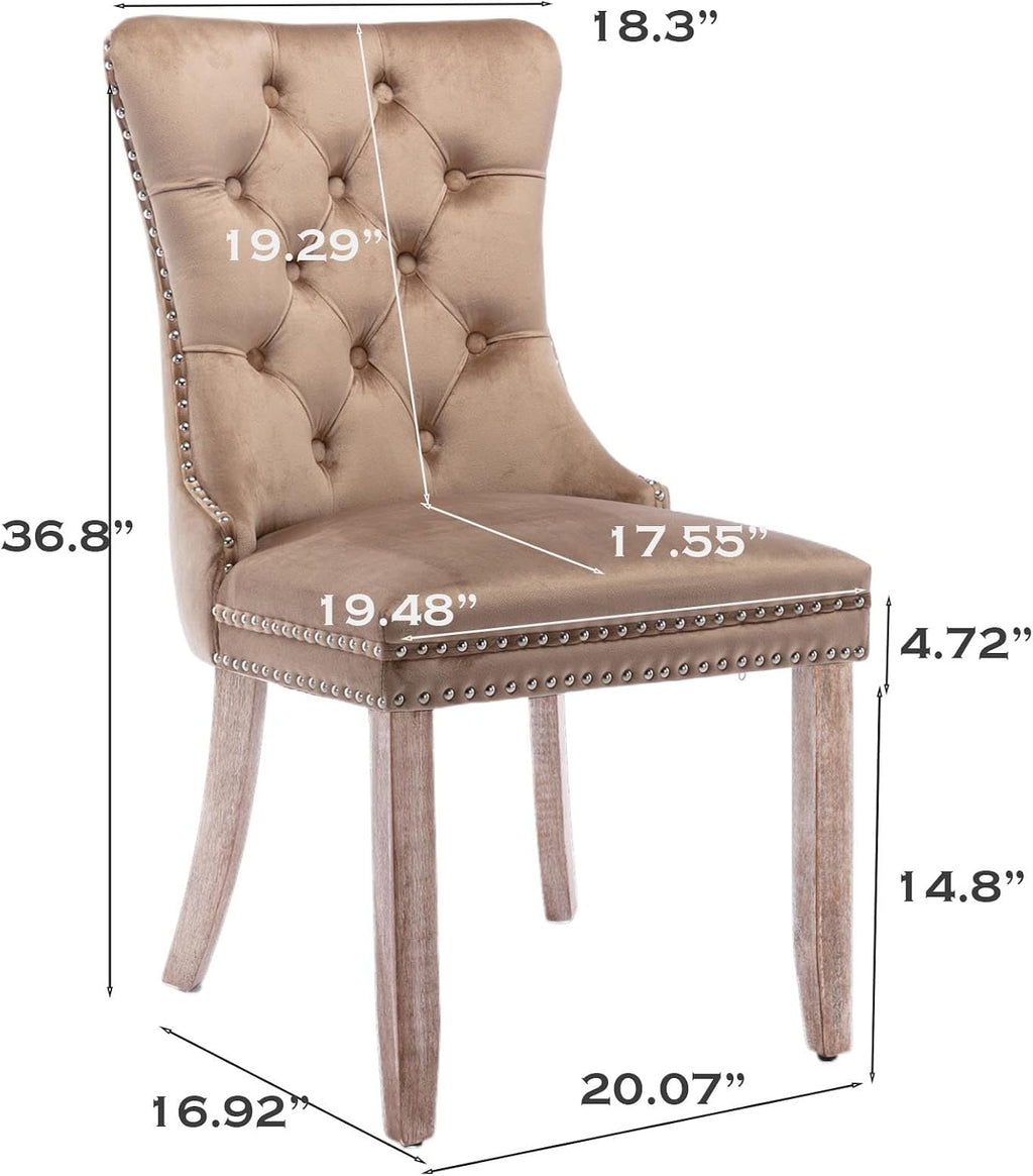 SoarFlash Velvet Dining Chairs Set of 2, Tall Back Side Chair, Modern Upholstered High-end Tufted Side Chair with Button Back Ring, Solid Wood Legs (Khaki)