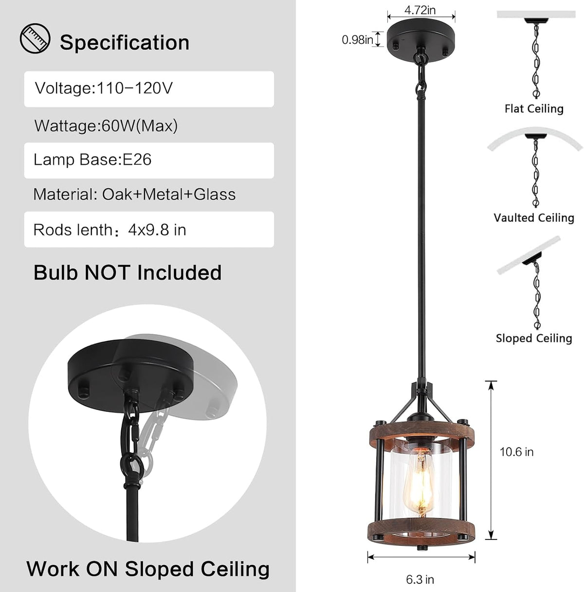 farmhouse pendant light for kitchen island, 1-light rustic showing dimensions
