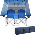 ptlsy Folding Double Camping Chair with Canopy Shade for Beach Lawn (Blue)