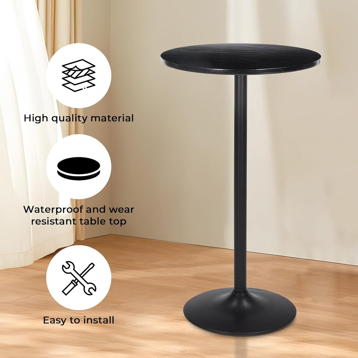 Modern Bistro Table 40 Inch Height, 23.6" Round Bistro Pub, Black Bar Height Cafe Table for Kitchen, Parties (Black)