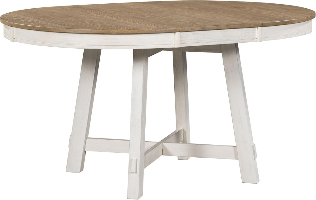 Merax Farmhouse Dining Table Set - 5-Piece Wood Round Extendable Table and 4 Upholstered Dining Chairs (Oak Natural Wood + Antique White)