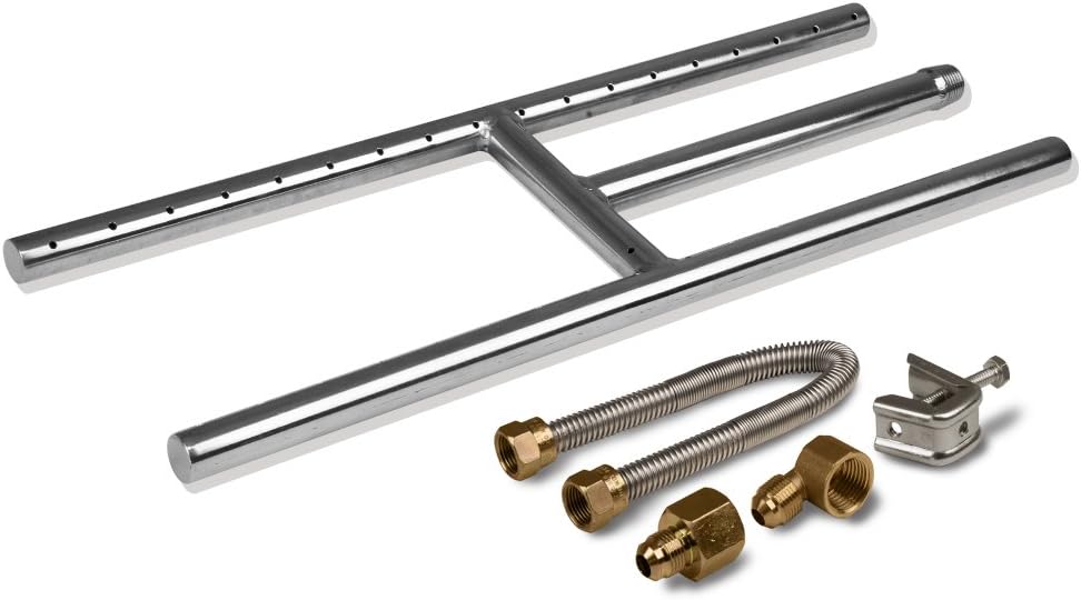 Golden Flame 18 x 6 in H-Burner, Natural Gas Fireplace & Fire Pit, 304 Stainless Steel, Machine-Drilled Ports, Whistle-Free Connection Kit