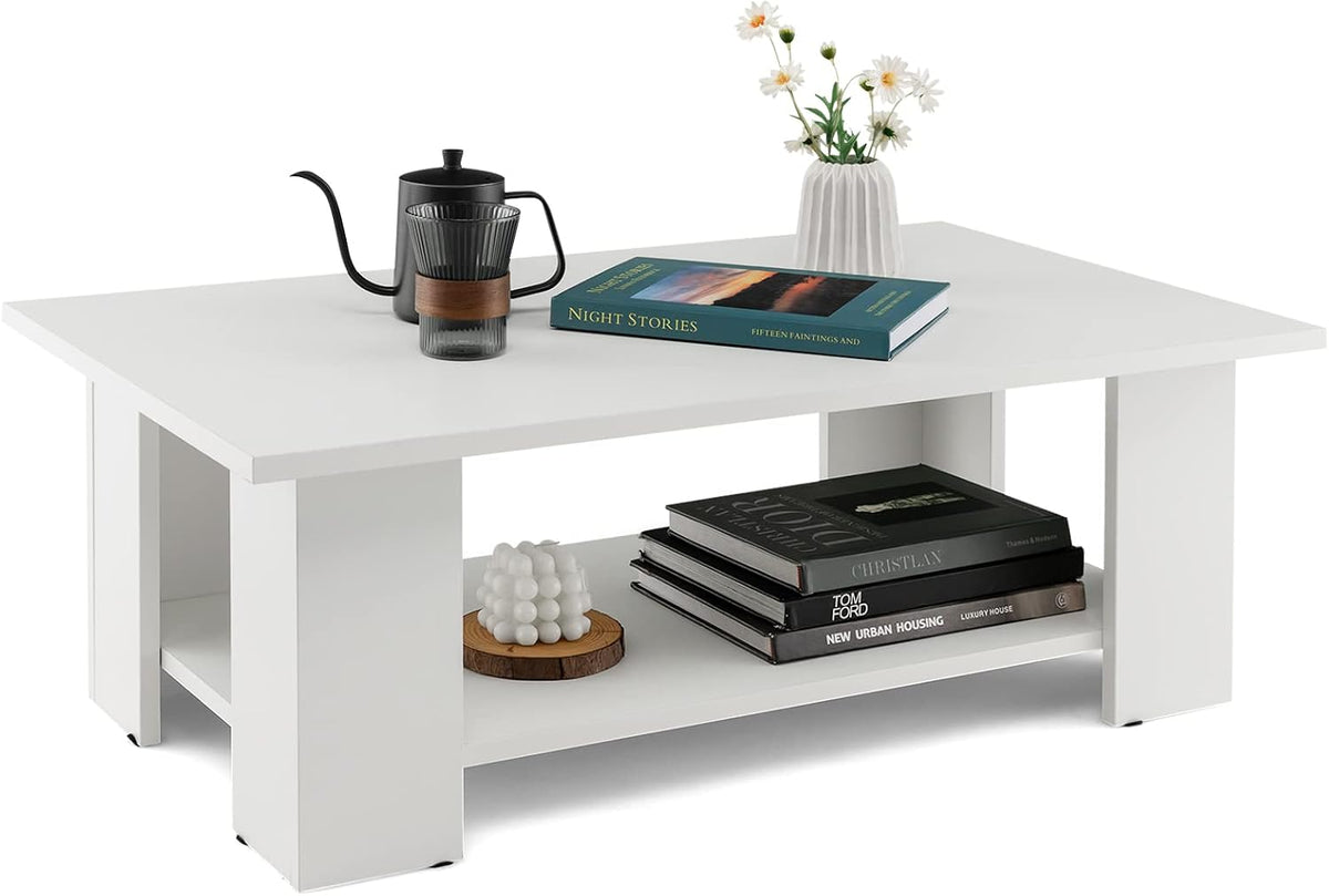 Tangkula 2-Tier Coffee Table, Modern Rectangular Center Cocktail Table with 5 Support Legs, Wooden Accent Living Room Furniture, Small Coffee Table for Small Spaces, Easy Assembly (White)