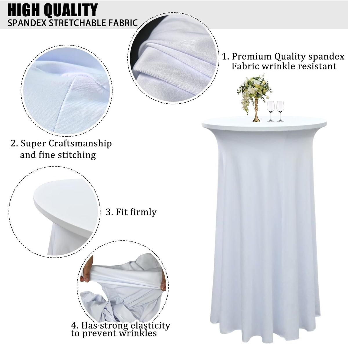 4 Pack 24"x43" White Spandex Cocktail Table Skirt, Fits 24" Round Tables