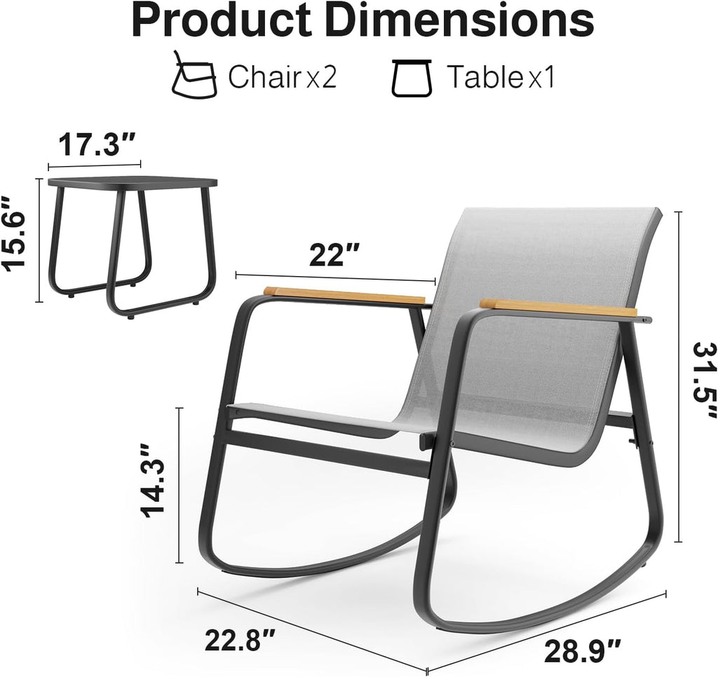 Aiho 3 Piece Patio Bistro Set, Textilene Rocking Chairs for Porch, Gray