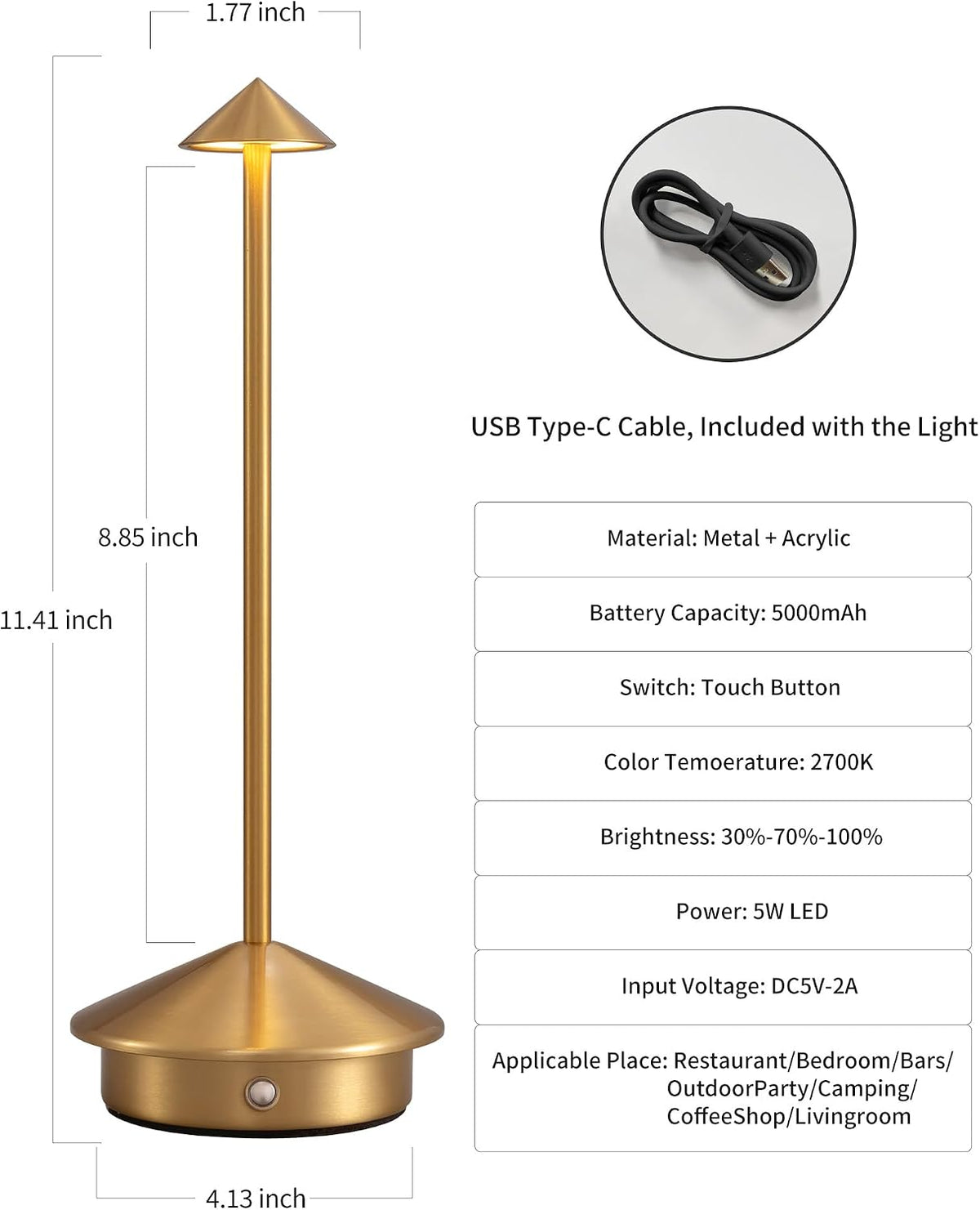 modern cordless table lamp set of 2, gold showing dimensions