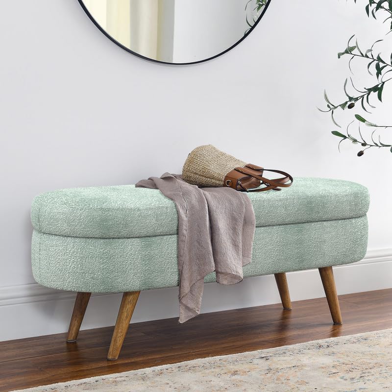 43.5" Fabric Storage Ottoman Bench for Bedroom,Upholstered Boucle Ottoman with Safety Hinge,End of Bed Bench with Rubber Wood Legs for Living Room Entryway,Cyan