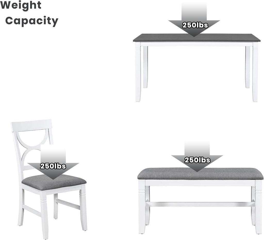 LUMISOL Farmhouse Dining Table Set for 6, Farmhouse Kitchen Table Set with 4 Upholstered Chairs and Long Bench for Kitchen, Dining Room, Grey+White
