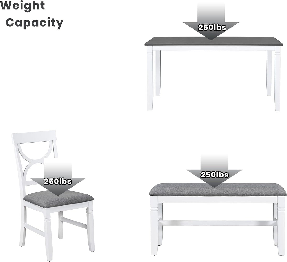 LUMISOL Farmhouse Dining Table Set for 6, Farmhouse Kitchen Table Set with 4 Upholstered Chairs and Long Bench for Kitchen, Dining Room, Grey+White