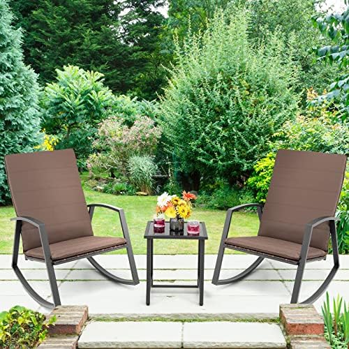 Tangkula 3 Pieces Patio Rocking Bistro Set, PE Rattan Rocking Chairs with Tempered Glass Side Table, Outdoor Wicker Conversation Set with Zippered Cushion for Patio, Garden, Poolside (Mix Brown)