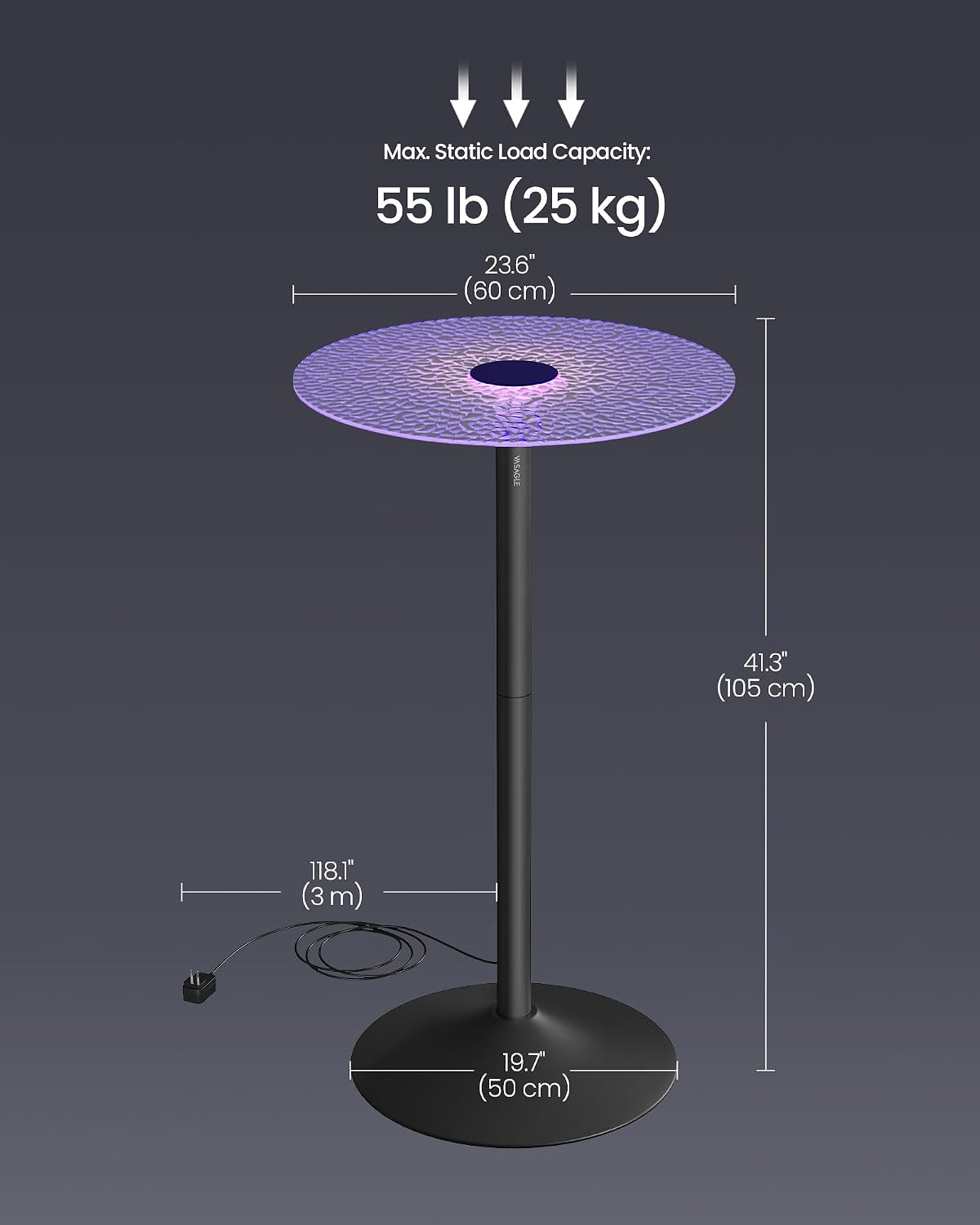 VASAGLE Round Bar Table with Multi-Colored Lights and Glass Top