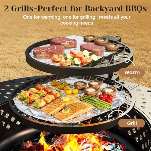 43" Fire Pit, 3 in 1 Firepit with Adjustable 2 Grills for Patio, Party