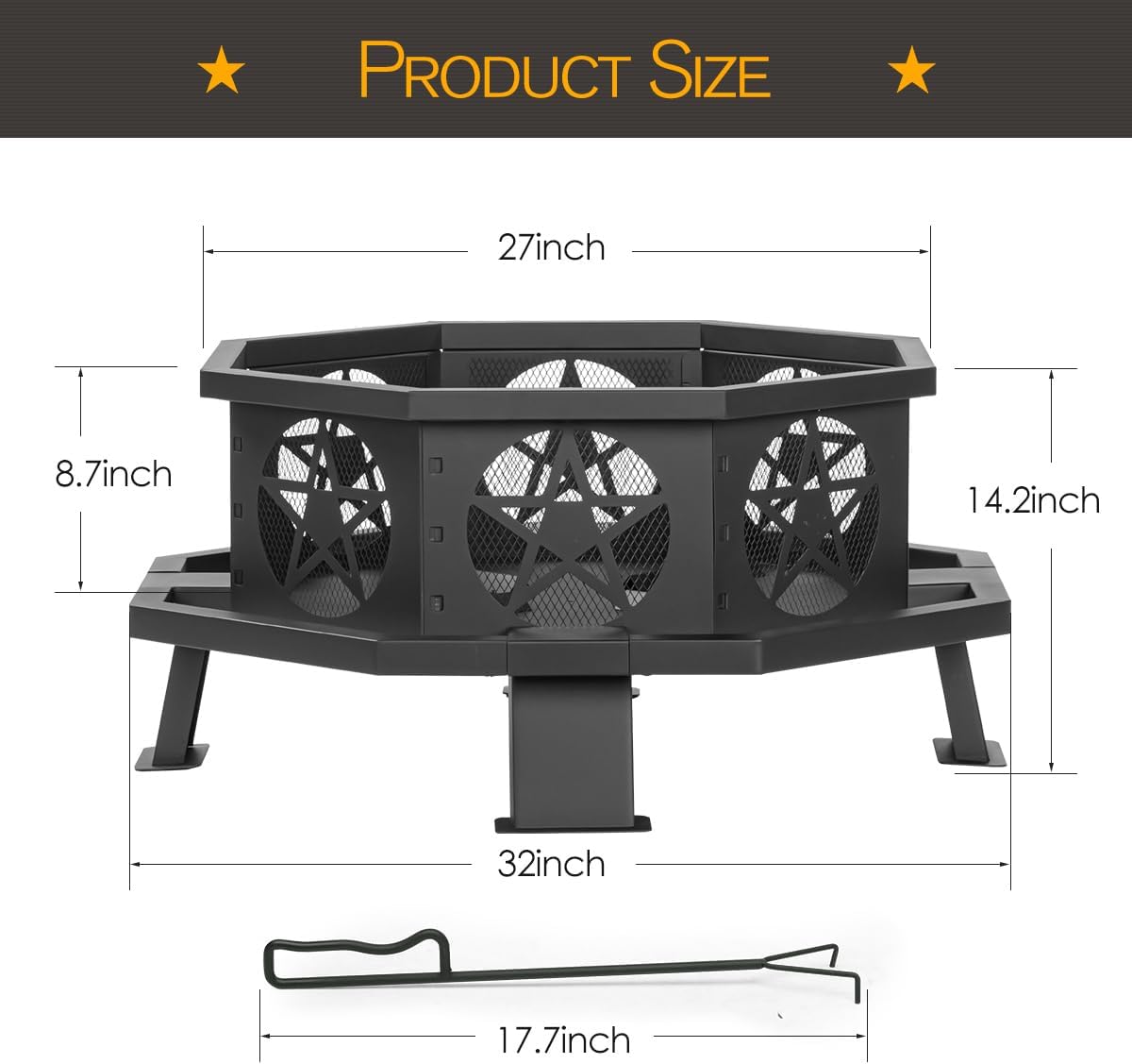 Verdeluxe 32 Inch Outdoor Octagonal Fire Pit with Fire Poker Black