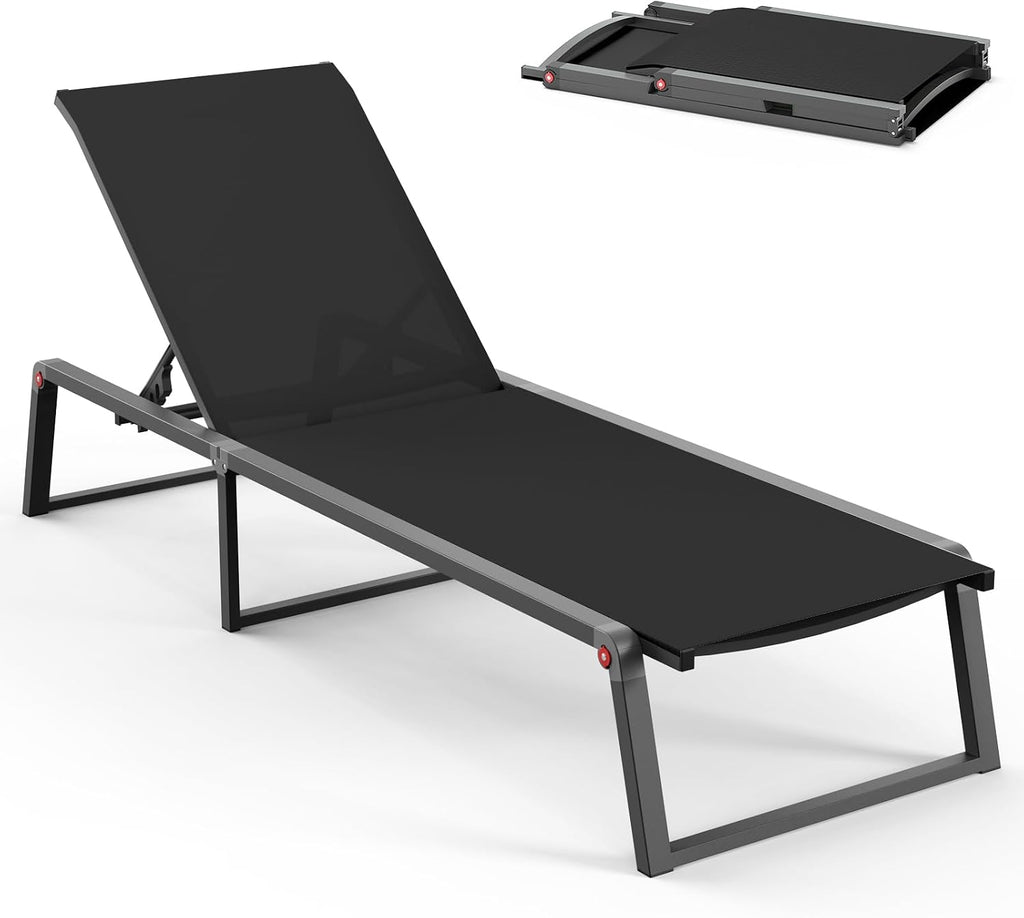 Aluminum Chaise Lounge Chair Outdoor, Foldable& No Assembly Patio Pool Lounge Chairs 5-Position Recliner for Outside, Fully Grounded Legs Sun Lounger for Poolside, Black