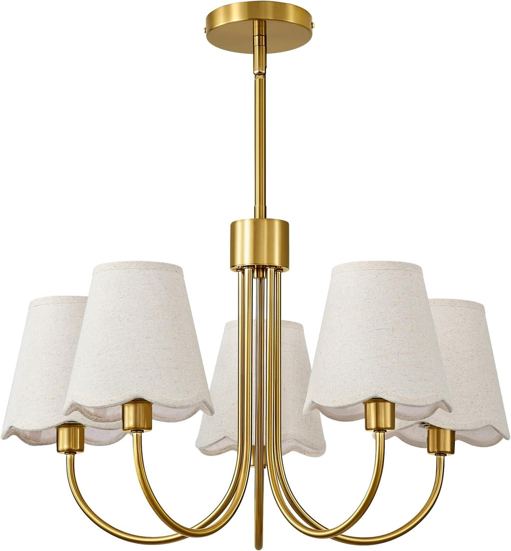 Modern Gold Chandelier 5-Light Dining Room Chandelier with Fabric Shades Kitchen Dining Room Light Fixture Over Table Height Adjustable Farmhouse Chandeliers for Living Room Bedroom Entryway