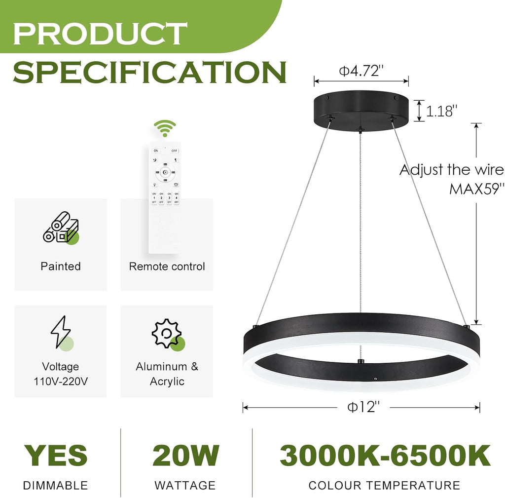 Benkut 1 Ring LED Chandelier Modern Black Pendant Light for Dining Room
