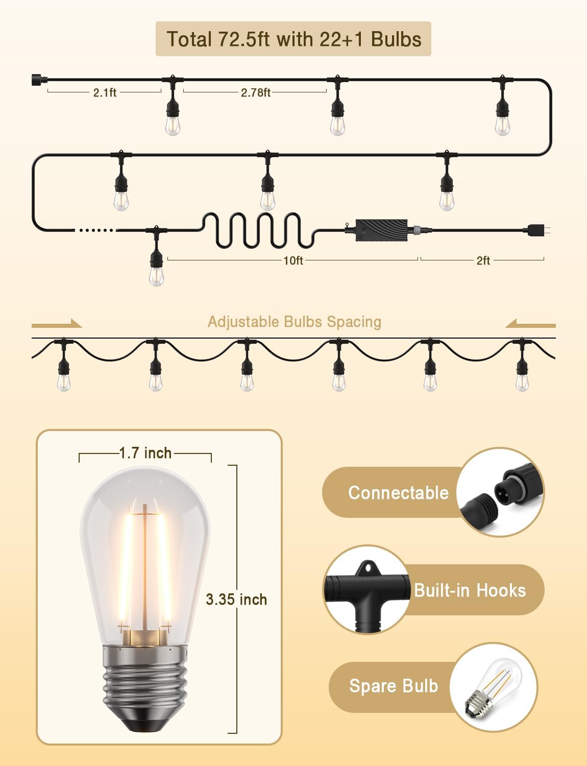 XMCOSY+ Outdoor String Lights,72.5FT Smart Dimmable Edison Bulb Patio Light