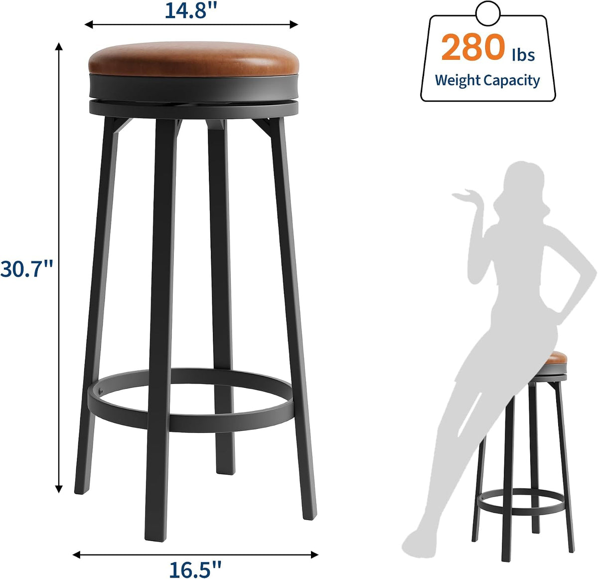 idealhouse 30'' swivel bar stools set of 4, close-up detail
