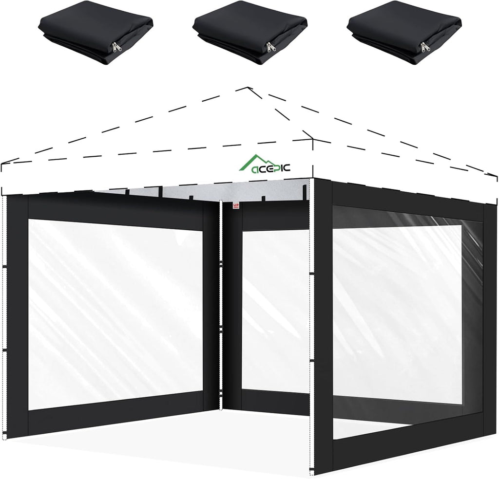 ACEPIC 10x10ft Clear Sidewalls for Canopy,Black(3PCS, No Frame or Top)