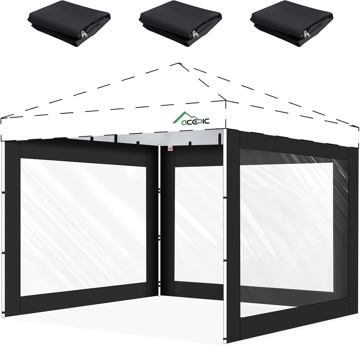 ACEPIC 10x10ft Clear Sidewalls for Canopy,Black(3PCS, No Frame or Top)