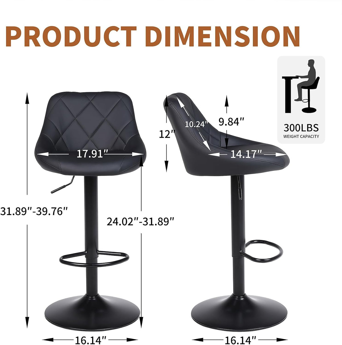 Swivel Bar Stools Set 3, Adjustable Height, PU Leather, Black