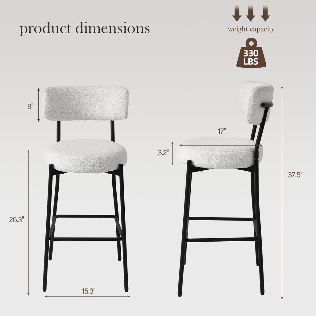 Bar Stools Set of 2, 26" White Boucle Fabric Kitchen Island Chairs