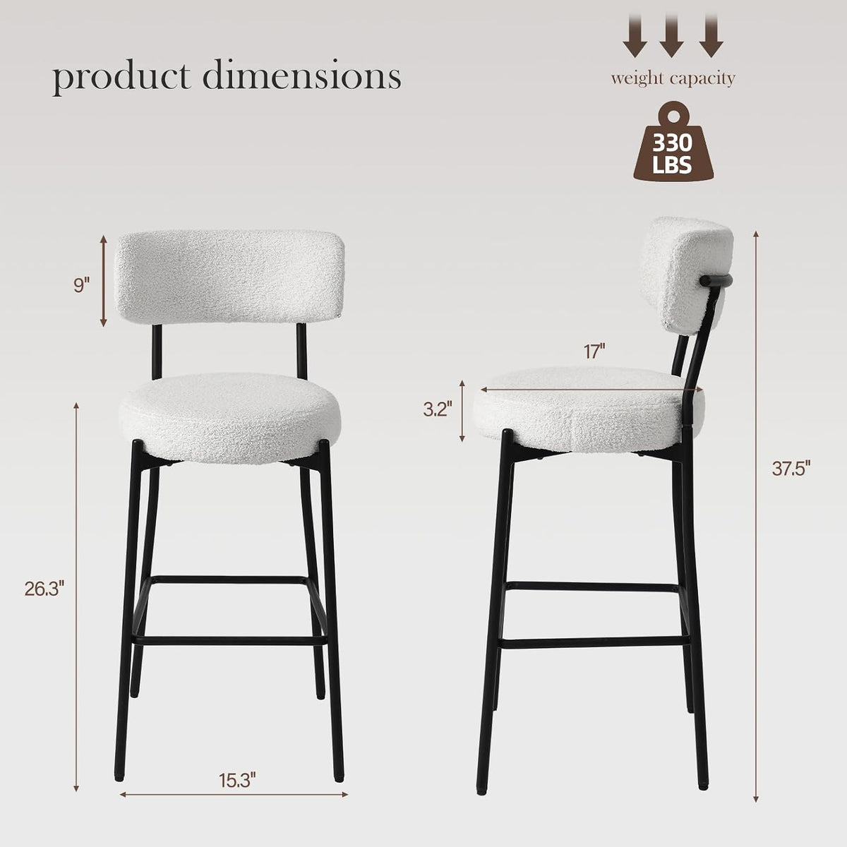 Bar Stools Set of 2, 26" White Boucle Fabric Kitchen Island Chairs