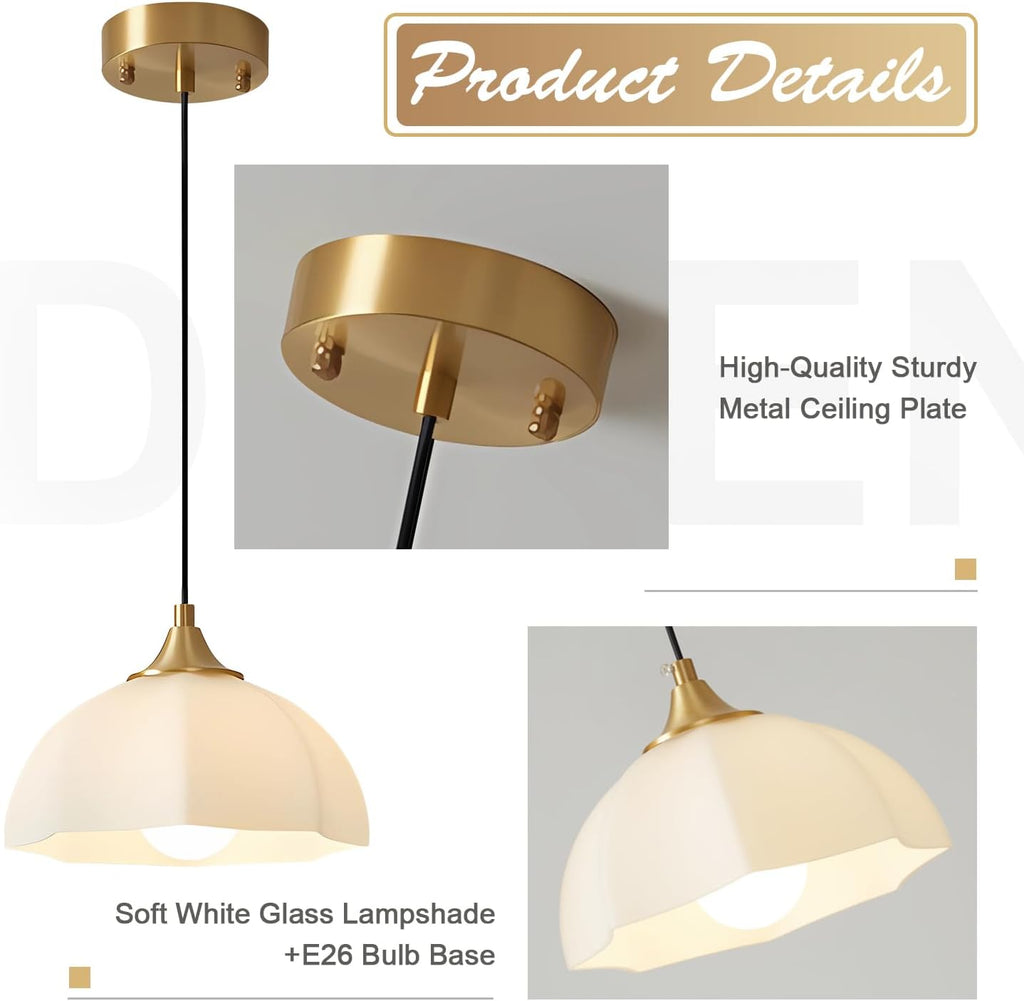 milk glass pendant light 2-pack, brushed gold dome, close-up detail