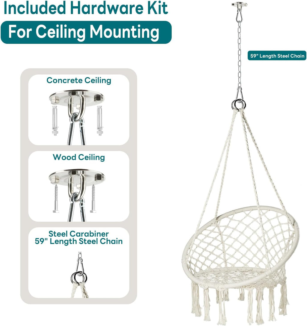 joyview macrame hammock chair, hanging chair with 2 showing dimensions