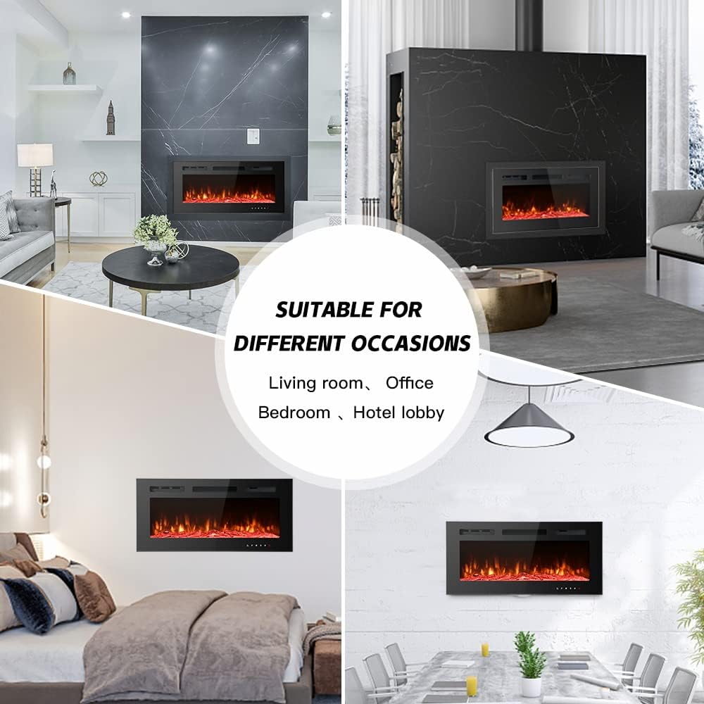 Electric Fireplace Inserts Freestanding Heater for The Living Room Floating Fireplace with 12 LED Colors with Logset and Stones, Space Heaters for Indoor Use,1500W/750W,Black,40inch