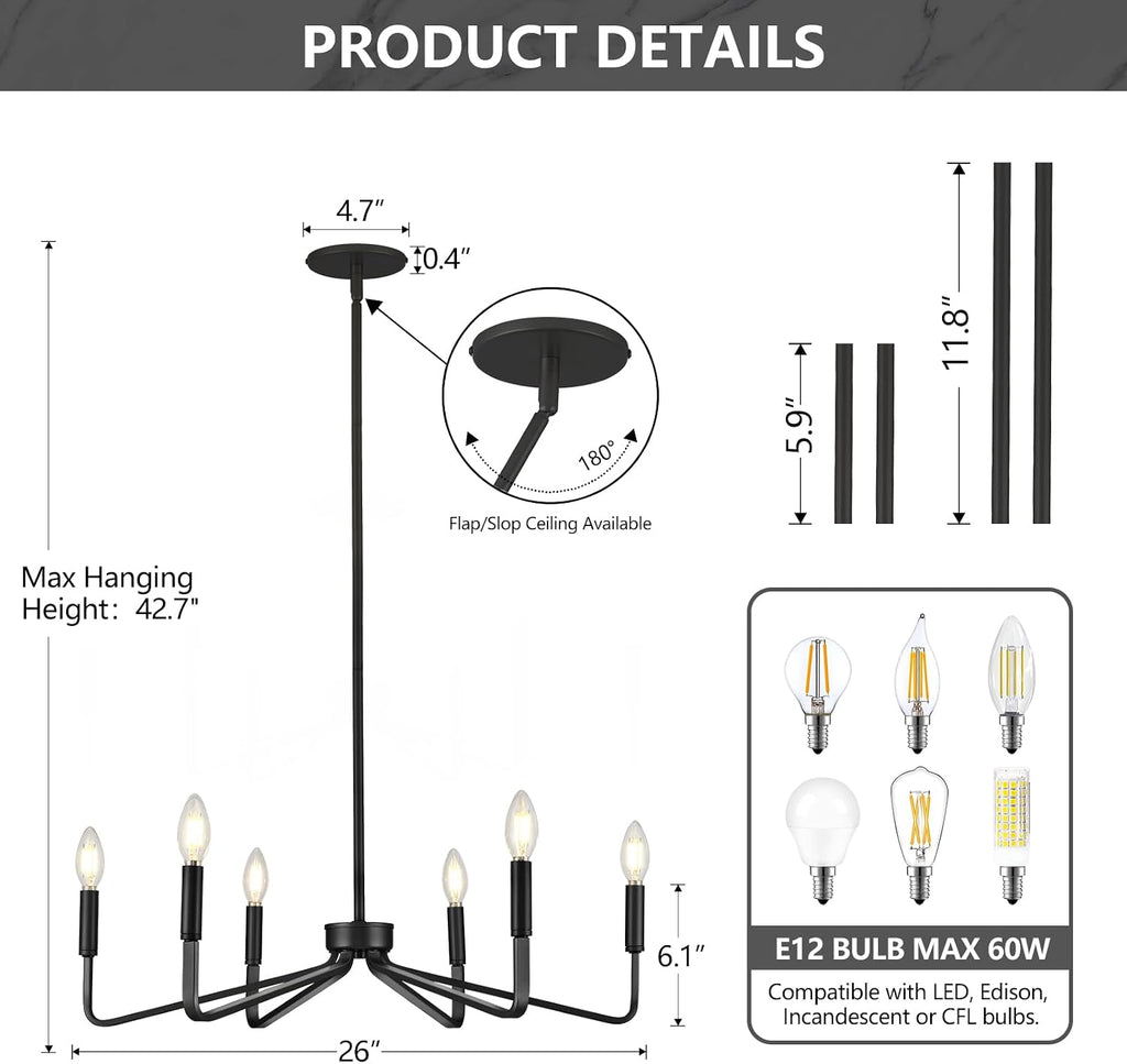 6-Light 26" Farmhouse Black Candle Chandelier for Dining Room