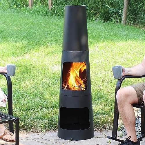 Sunnydaze Chiminea Outdoor Fireplace - Chiminea Fire Pit with Poker and Cover - Outdoor Wood-Burning Fire Pit - Black