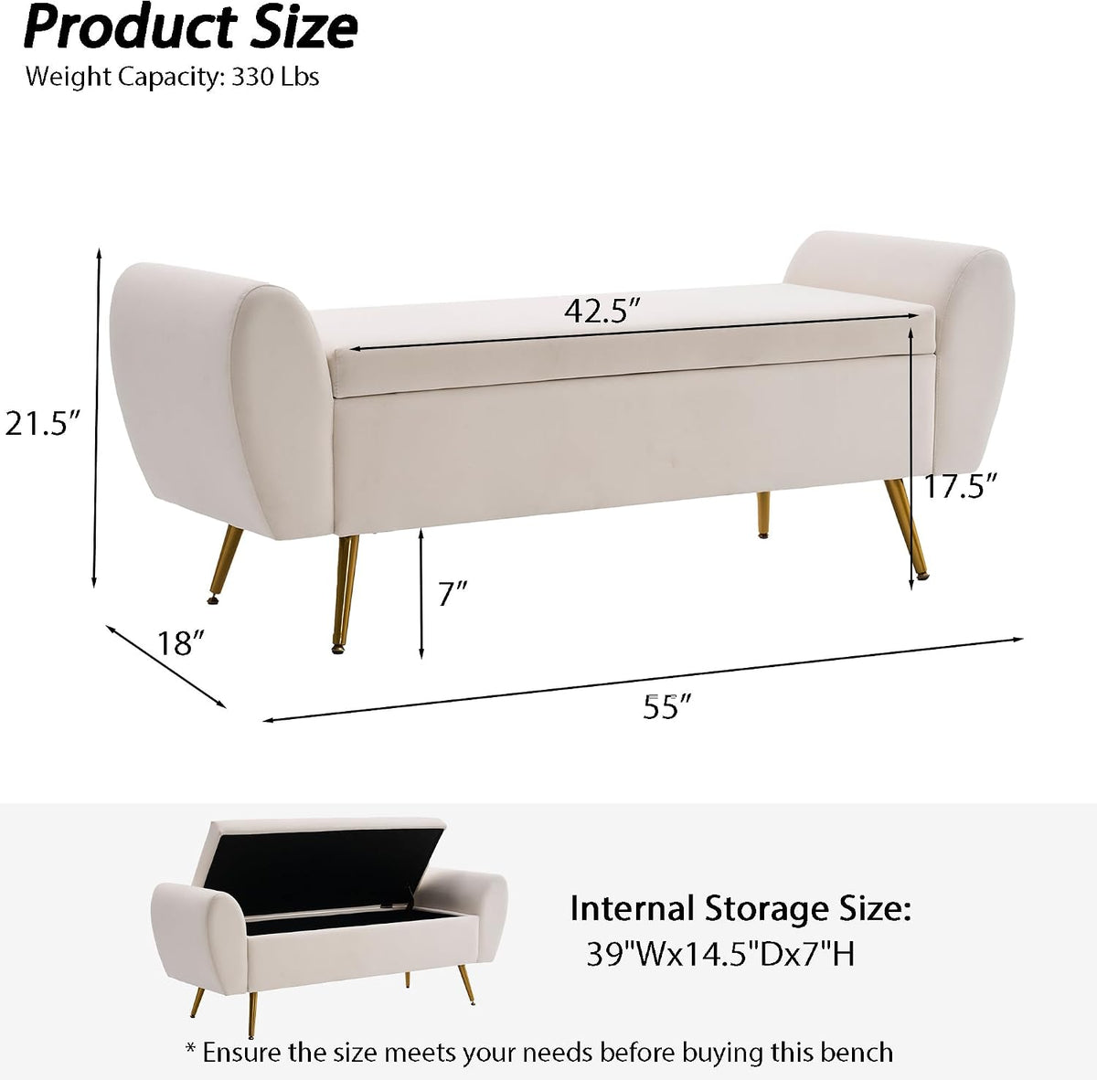56" Storage Bench for Bedroom King Size Bed, Gold Legs, Velvet Ivory White