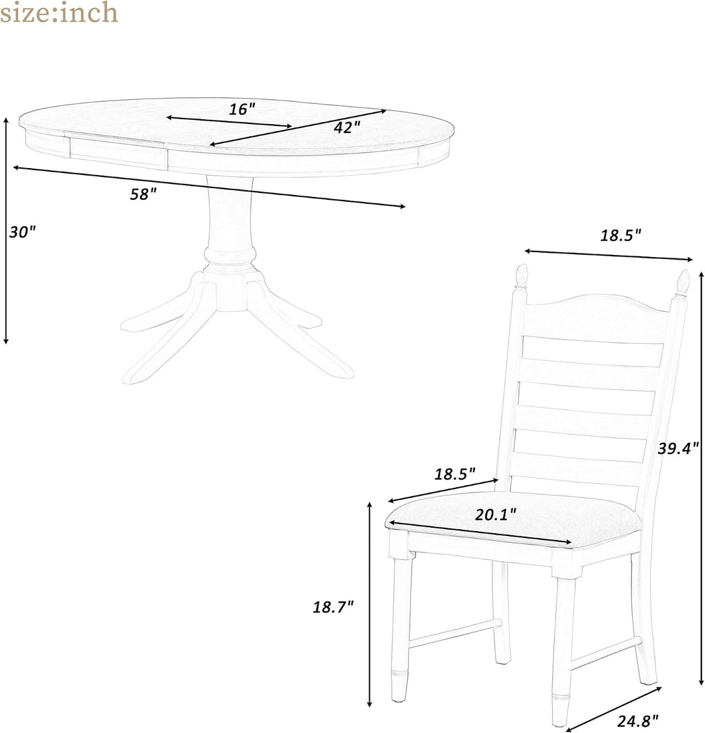 LUMISOL 5-Piece Solid Wood Dining Table Set for 4, Farmhouse Kitchen Table Set with Extendable Round Table & 4 Upholstered Chairs for Kitchen, Dining Room, Small Space, Antique White