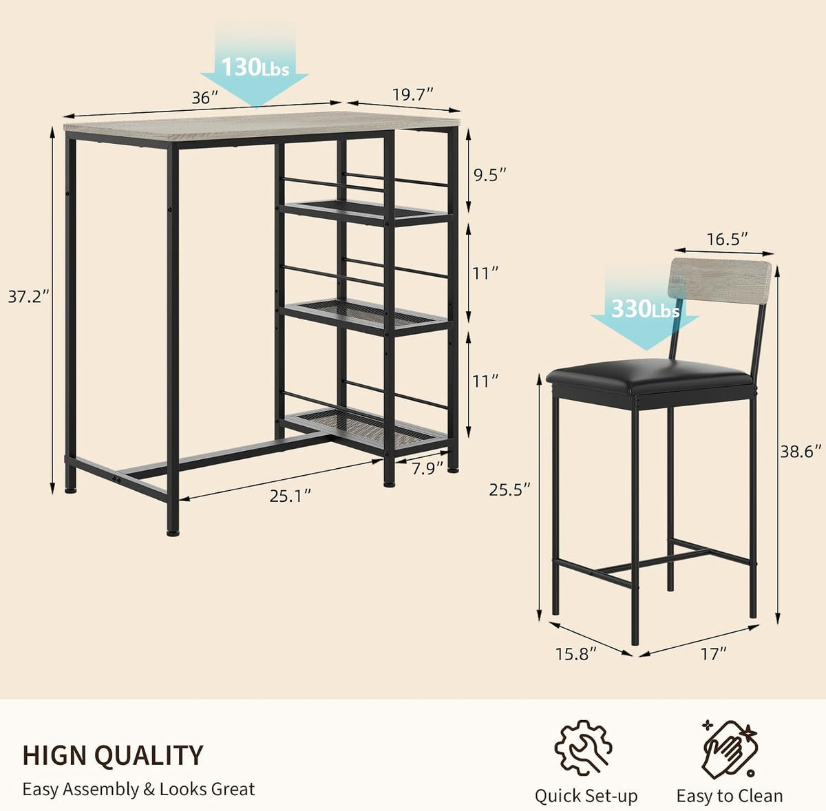 3-piece counter height dining set for 2, small showing dimensions