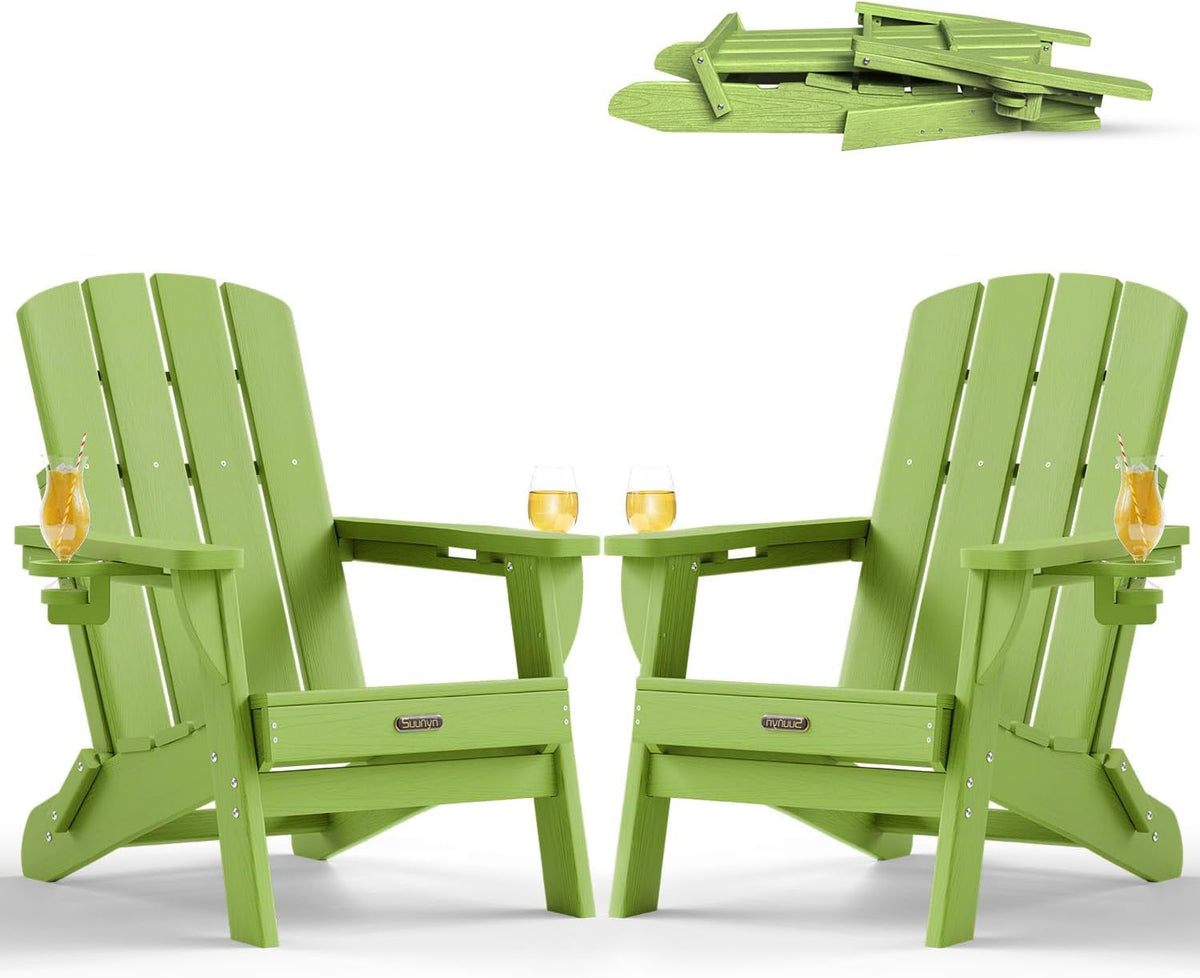 Folding Adirondack Chairs Set of 2, HDPE, 2 Cup Holders, Lime