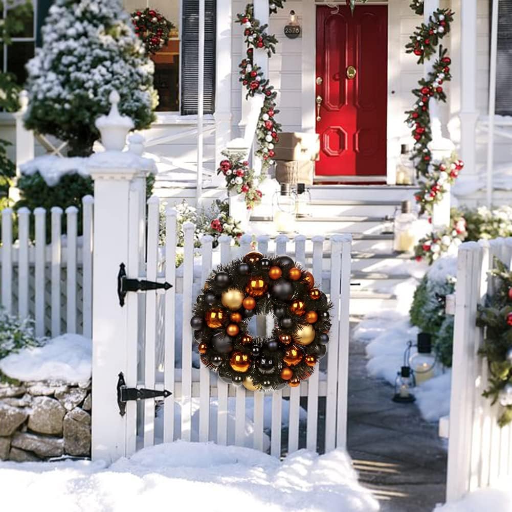Halloween Black Ball Wreath 13" Xmas Wreaths Ornaments Glitter Thicken Shatterproof Garland Decoration for Door Wall Mantel Christmas Holiday Party Decor, Orange & Black & Gold