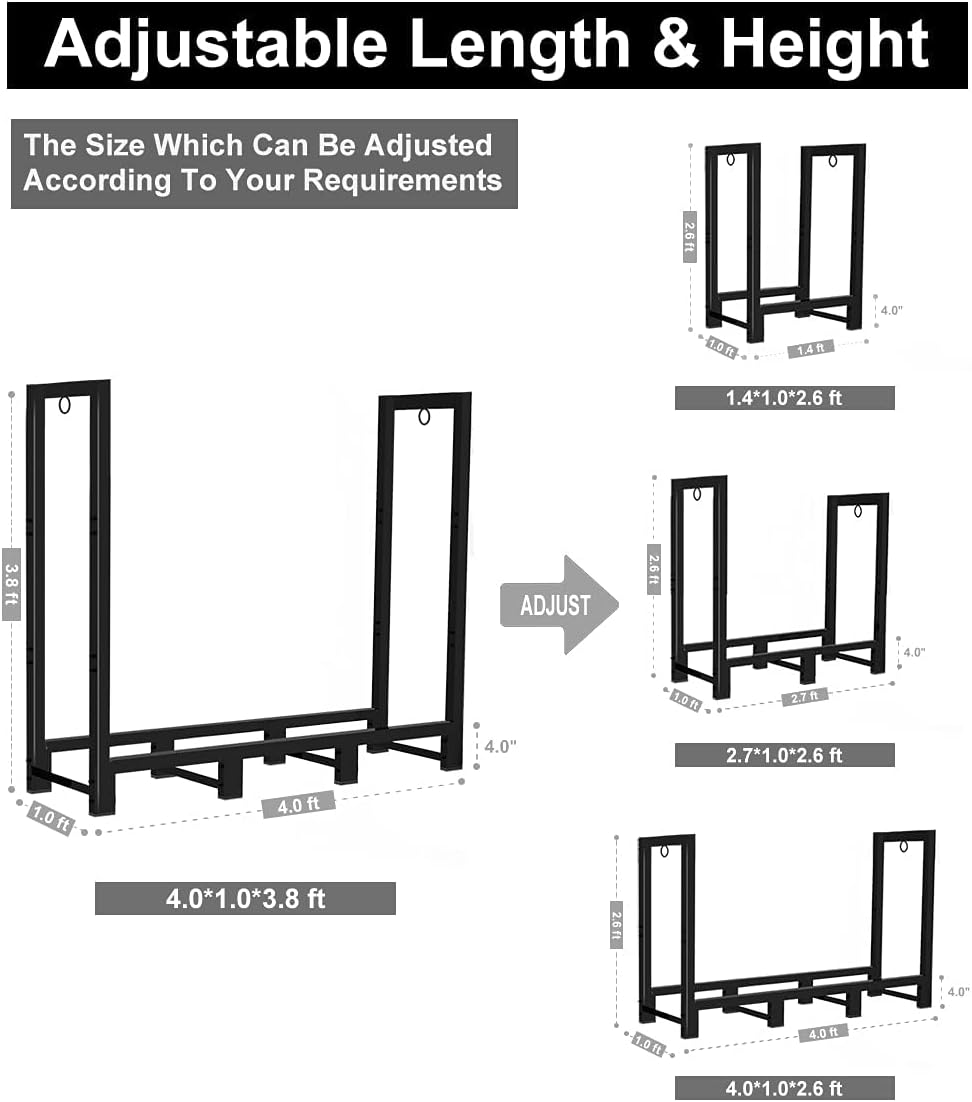 Koutemie 4Ft Outdoor Firewood Rack Holder for Fireplace Wood Storage, Adjustable Fire Log Stacker Stand, Black