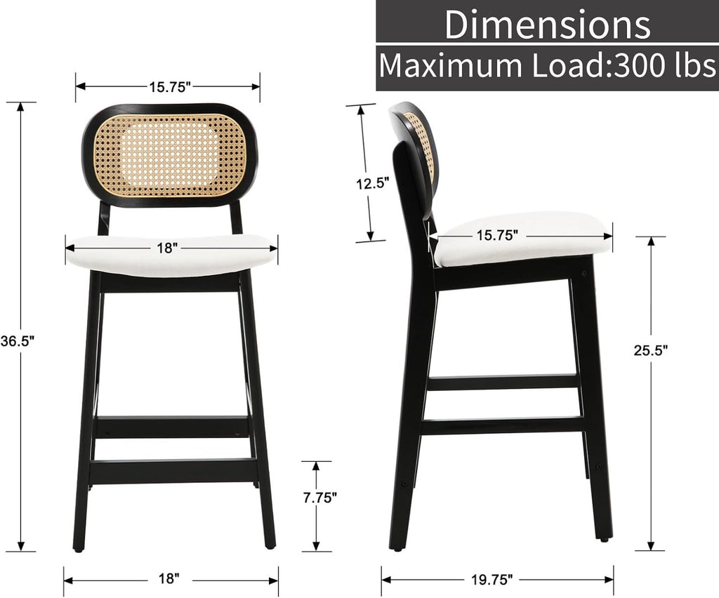 Shunzhi Rattan Counter Height Bar Stools Set of 2, Upholstered Sherpa Barstools with Woven Back, Boho Black Wood Farmhouse Bar Chairs for Pub/Home Bar/Kitchen Island, Cream White