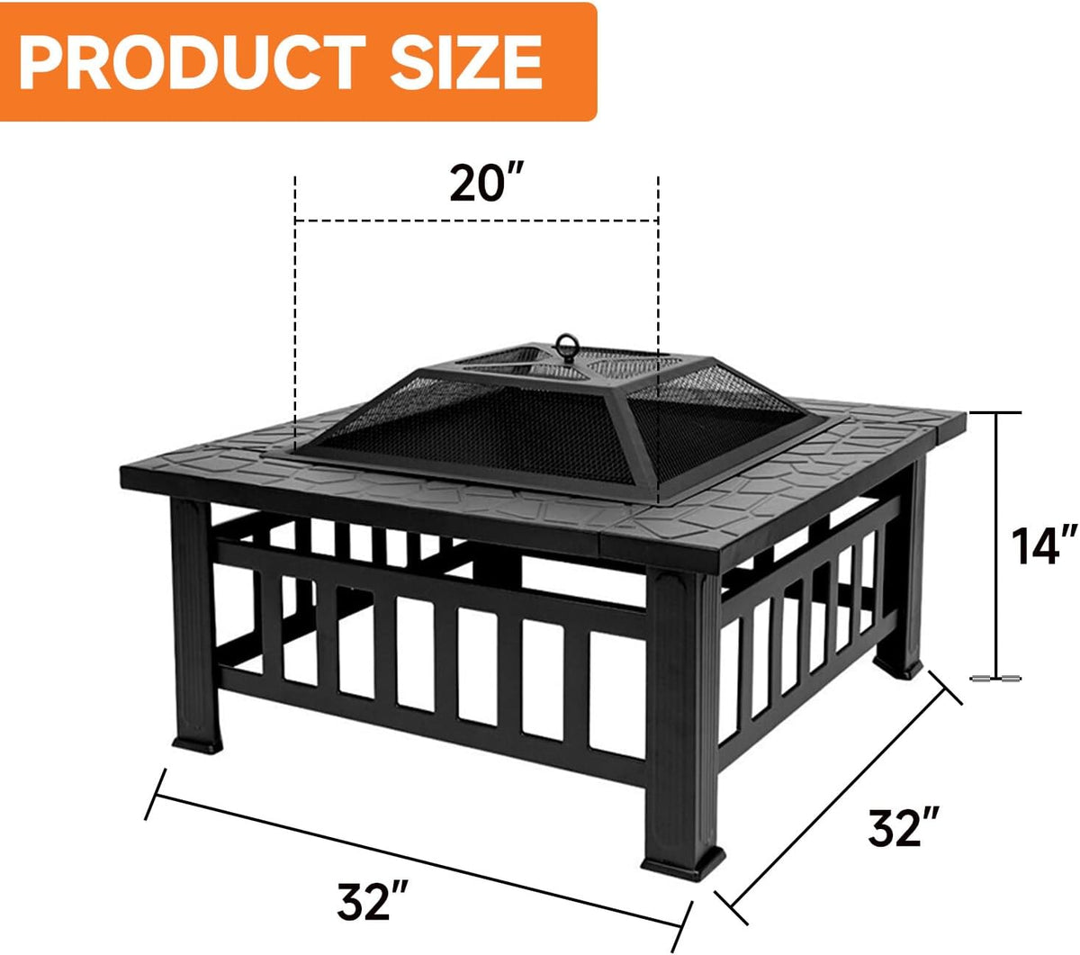 32-Inch Square Fire Pit, Wood Burning Fireplace/Firepit for Outside