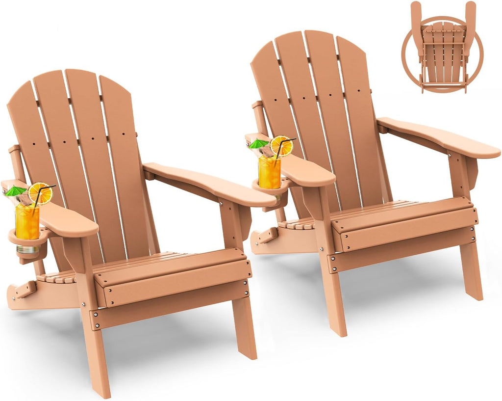 GREENVINES Folding-Adirondack-Chairs Set of 2, HDPE All Weather, Teak