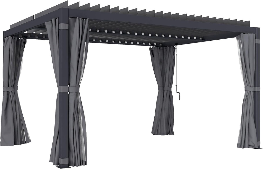 Outsunny 10 x 13 ft. Louvered Pergola Hardtop Gazebo w/Curtains Dark Gray